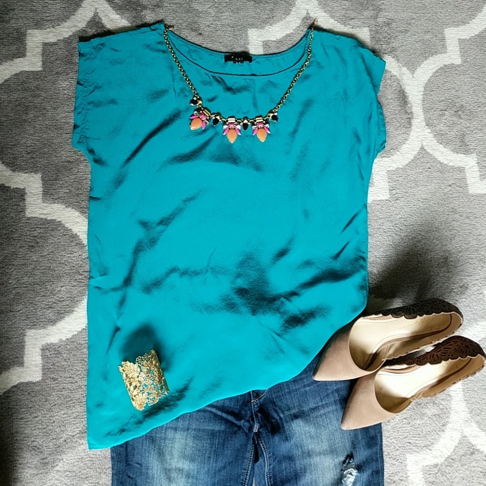 Forever 21 100% Silk Teal Blouse